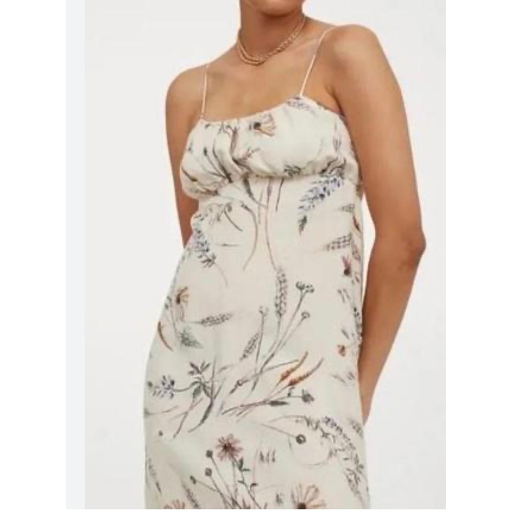 H&M Floral Linen Blend Mini Dress Medium Cream Tie Back‎ Cutout Sun Dress